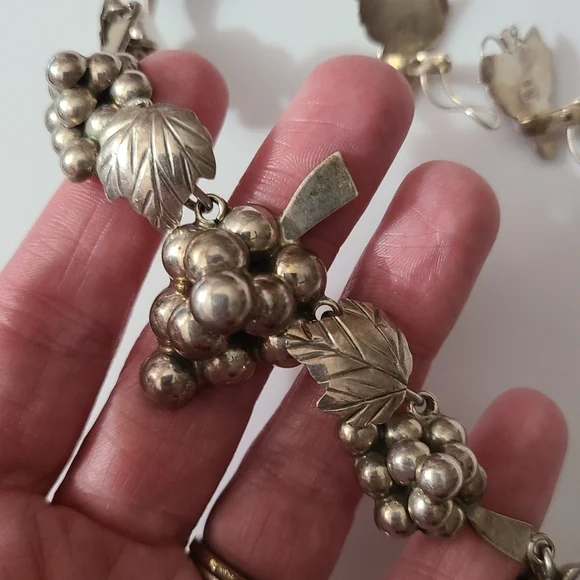 925 Vintage Grapes Taxco Mexico Necklace Earrings Sterling Silver Choker Estate - Picture 14 of 16